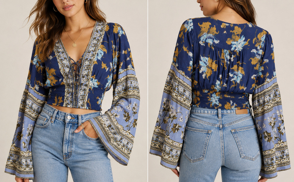Free People Womens Medium Blue Floral Bell Sleeve Smocked Boho Crop Peasant Top